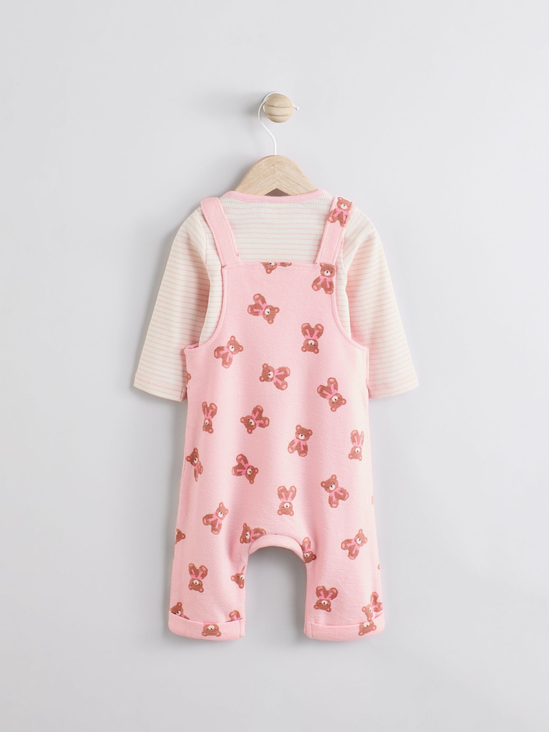 Pink Bear Print Long Sleeve Bodysuit & Baby Dungarees Set (0mths-3yrs)