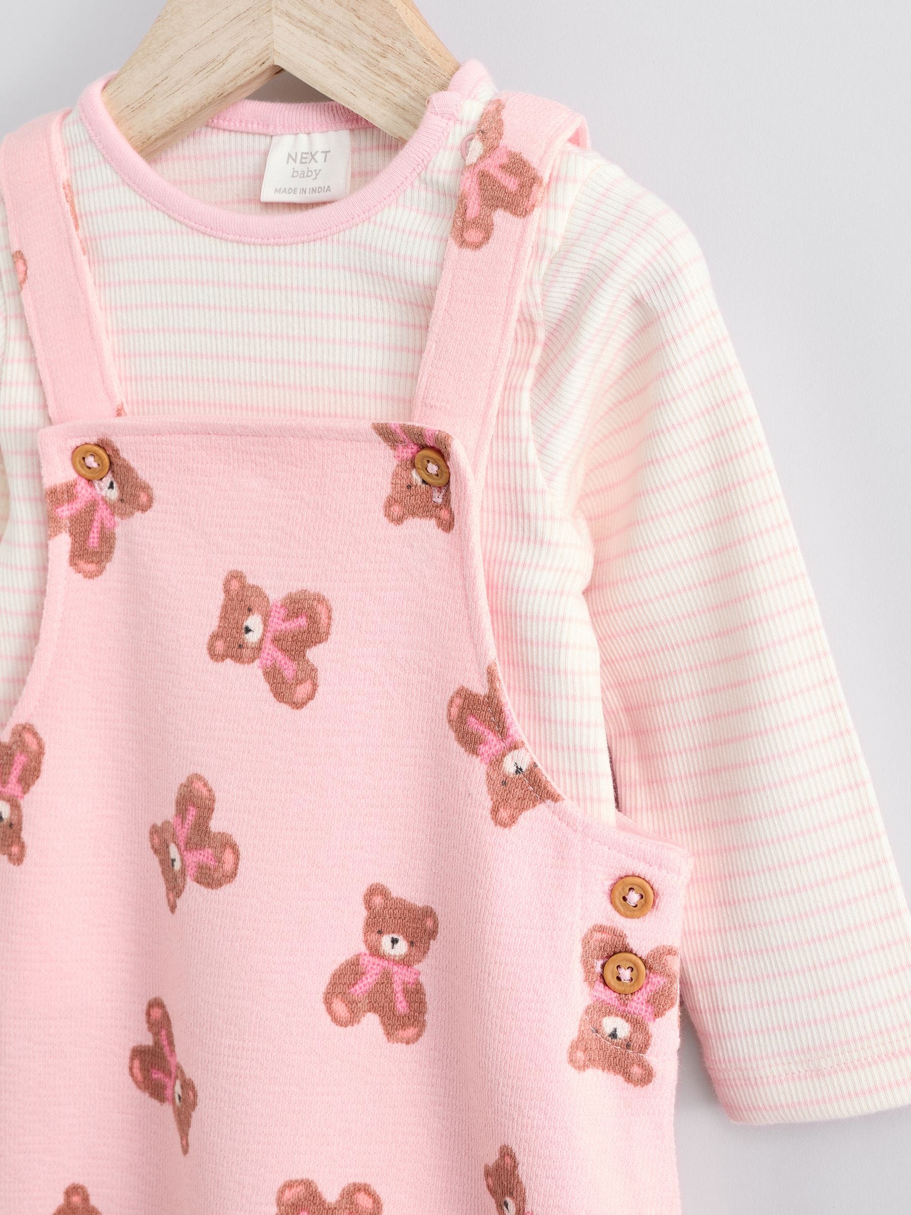 Pink Bear Print Long Sleeve Bodysuit & Baby Dungarees Set (0mths-3yrs)