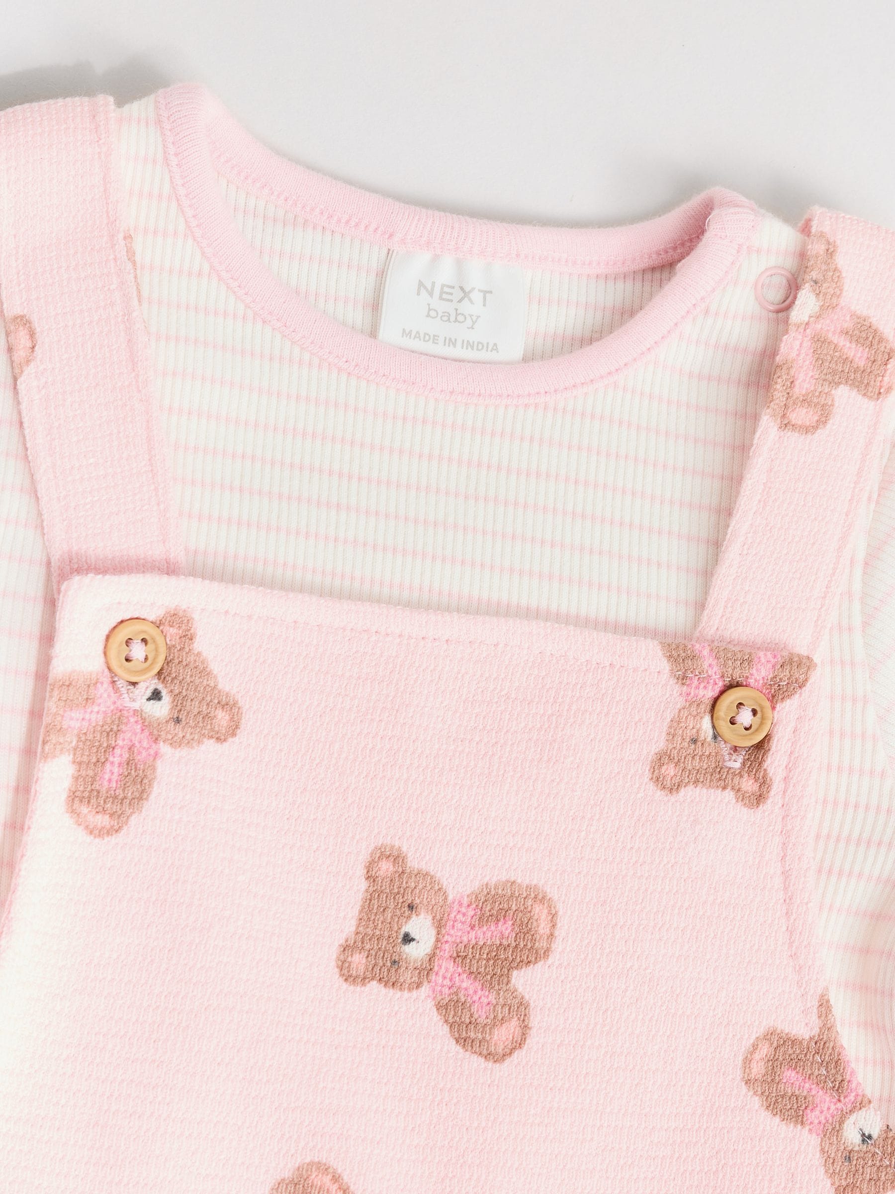 Pink Bear Print Long Sleeve Bodysuit & Baby Dungarees Set (0mths-3yrs)