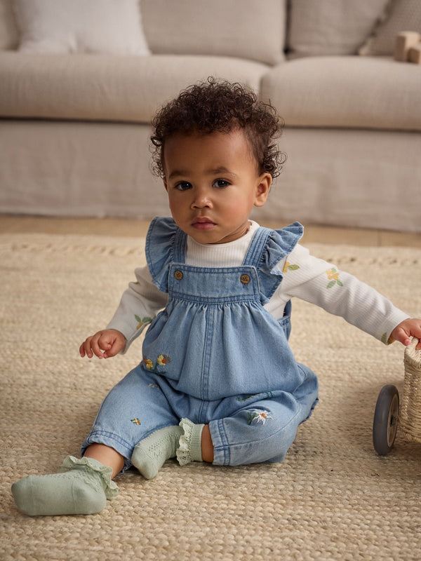 Blue Denim Embroidered Flowers Baby Long Sleeve Top & Dungarees Set (0mths-2yrs)