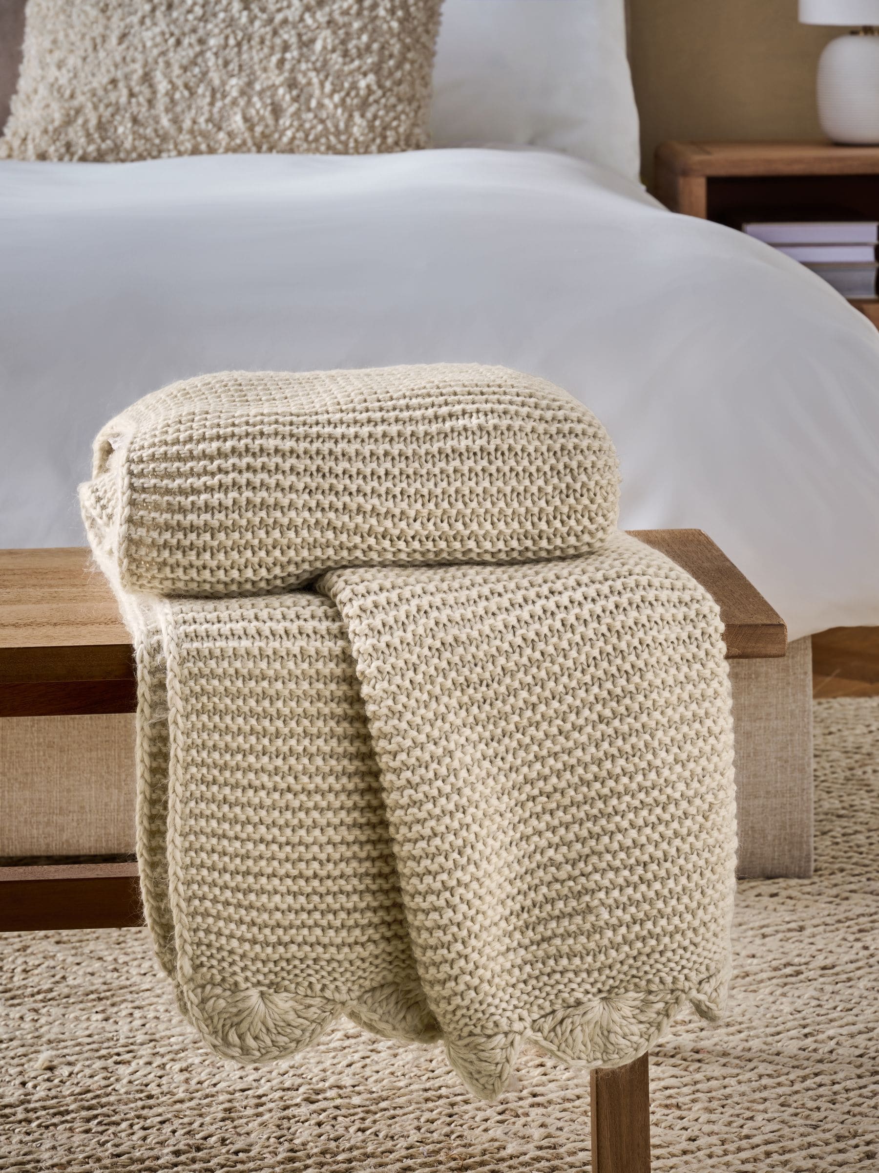 Natural Knitted Scallop Edge Throw