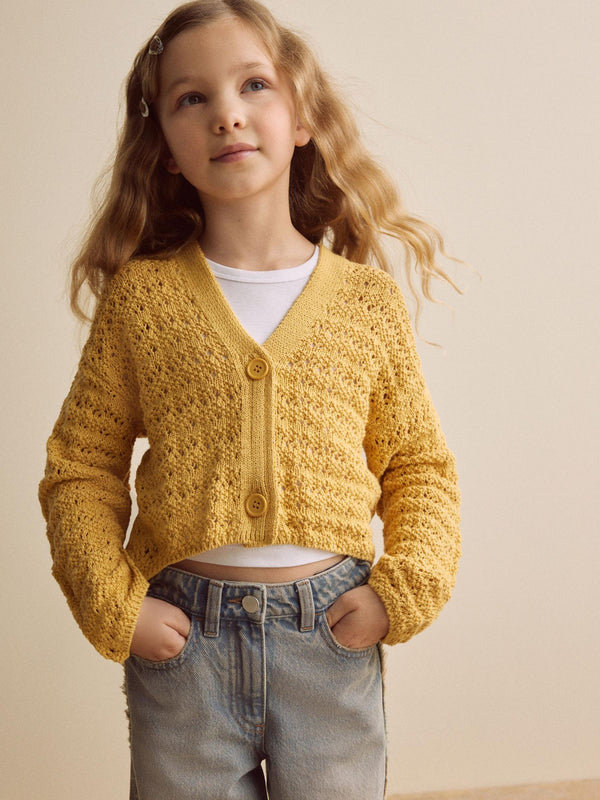 Ochre Yellow Crochet V-Neck 100% Cotton Cardigan (3-16yrs)