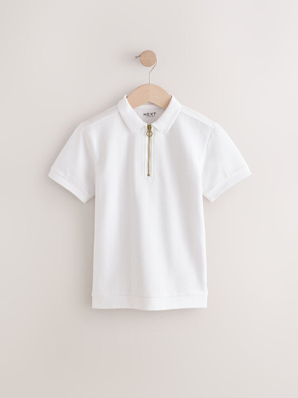 White Textured Short Sleeve Quarter Zip Polo Shirt (3-16yrs)