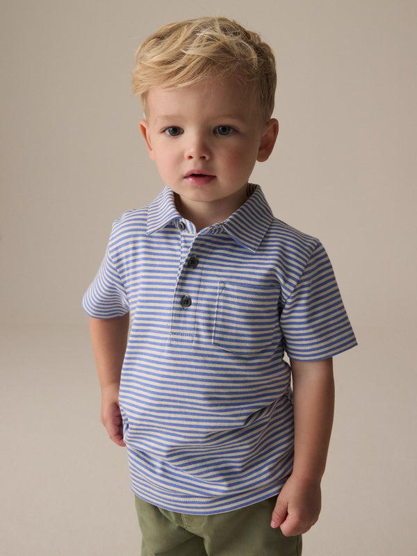 Blue/White Short Sleeve Stripe 100% Cotton Polo Shirt (3mths-7yrs)