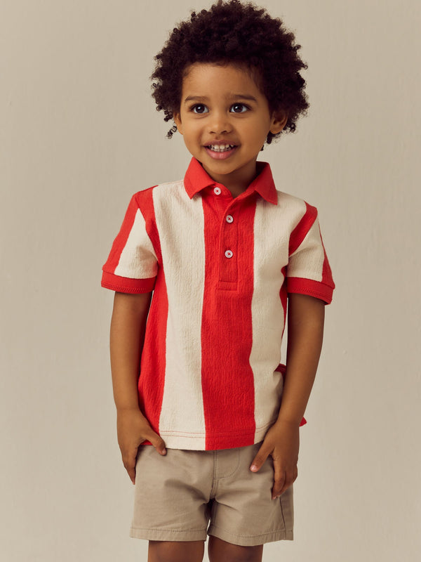 Red/White Stripe 100% Cotton Short Sleeve Textured Polo Shirt (3mths-7yrs)