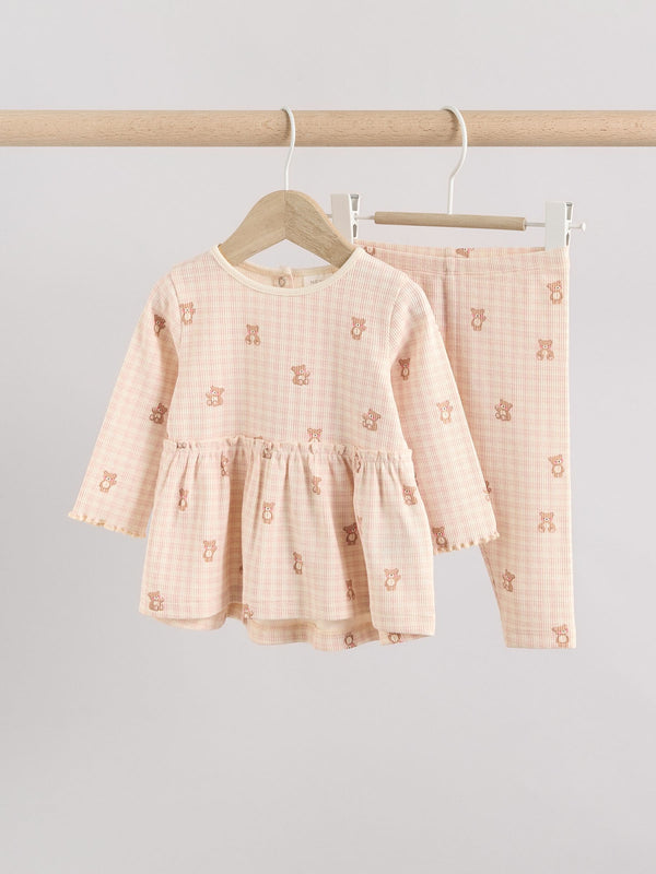 Pink Gingham Bear Print Long Sleeve Peplum Top & Leggings Baby Set