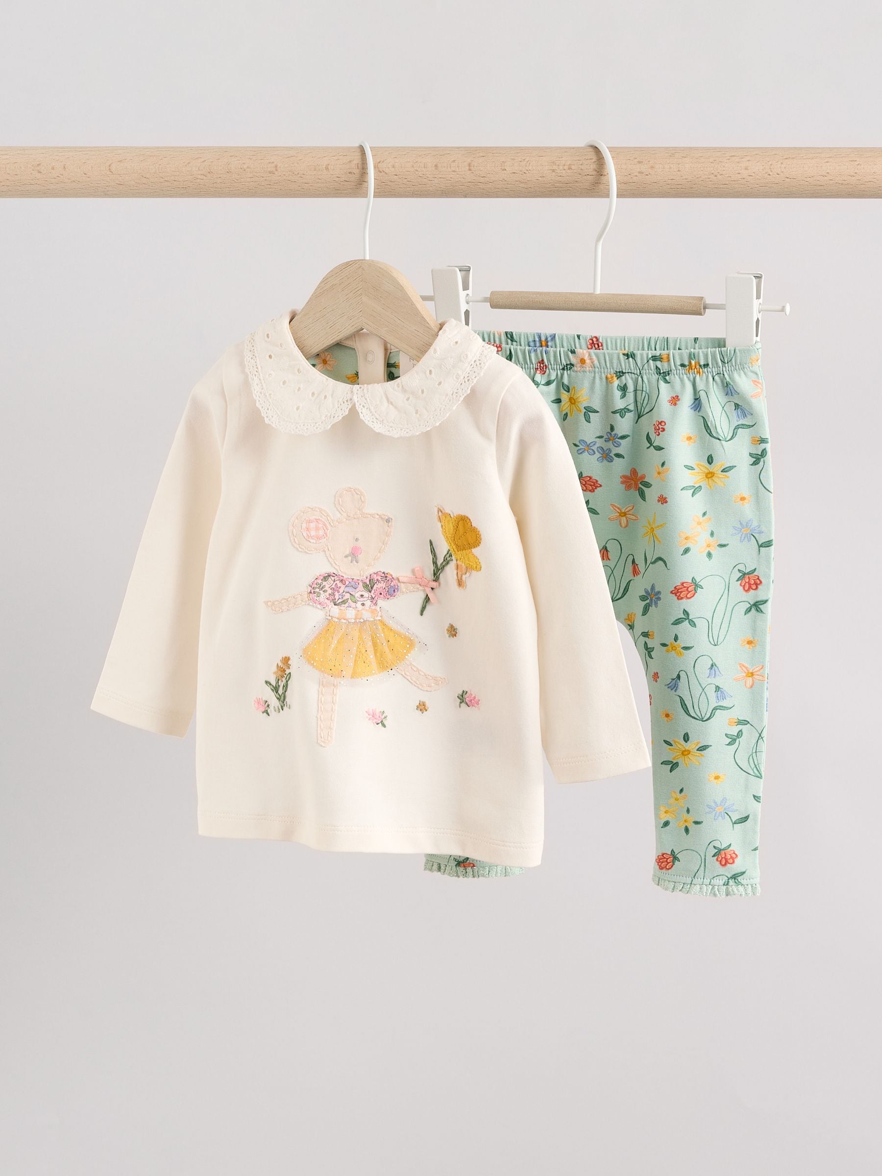 White/Yellow Floral Mouse Baby Long Sleeve Top And Leggings Set