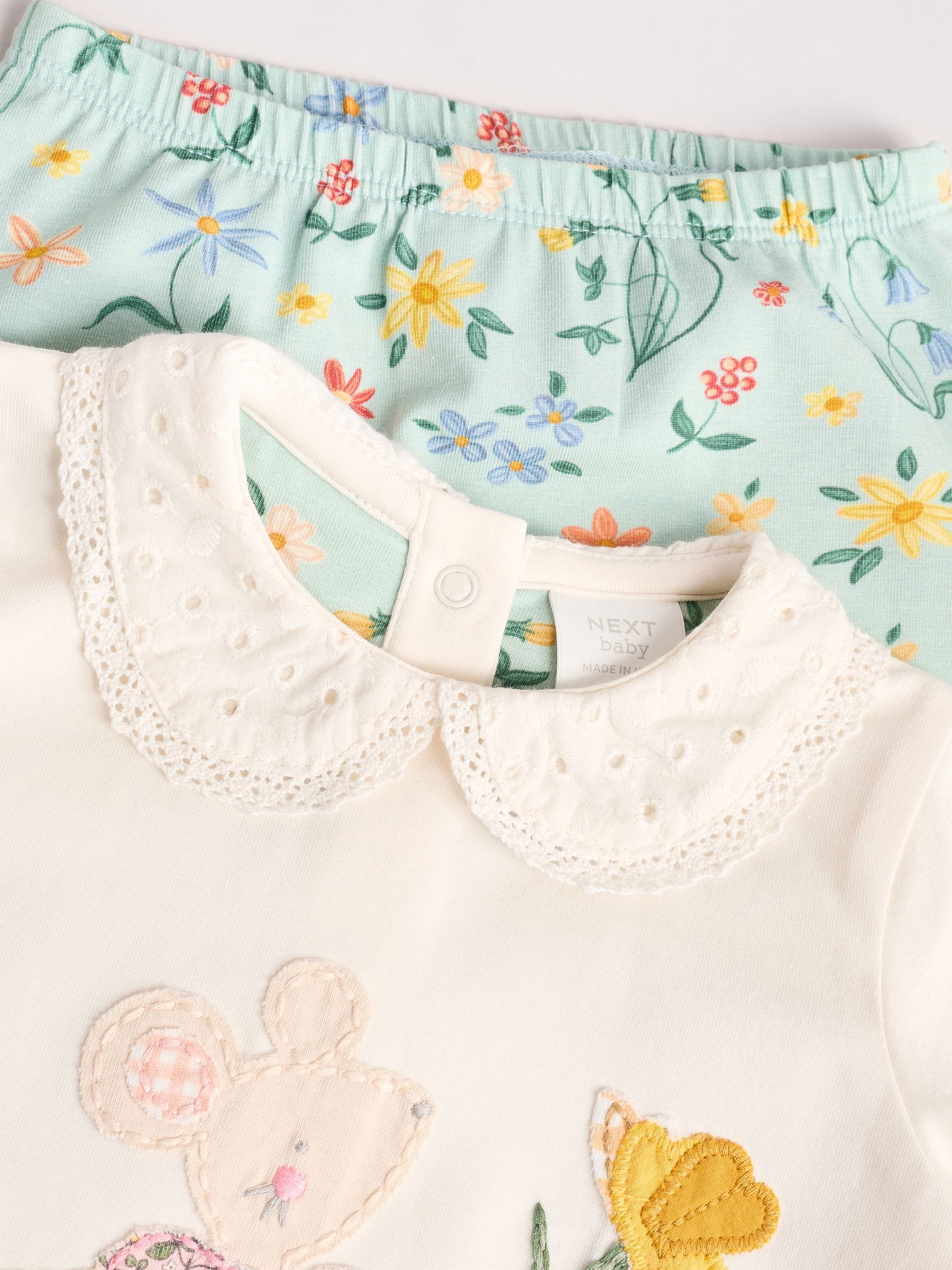 White/Yellow Floral Mouse Baby Long Sleeve Top And Leggings Set