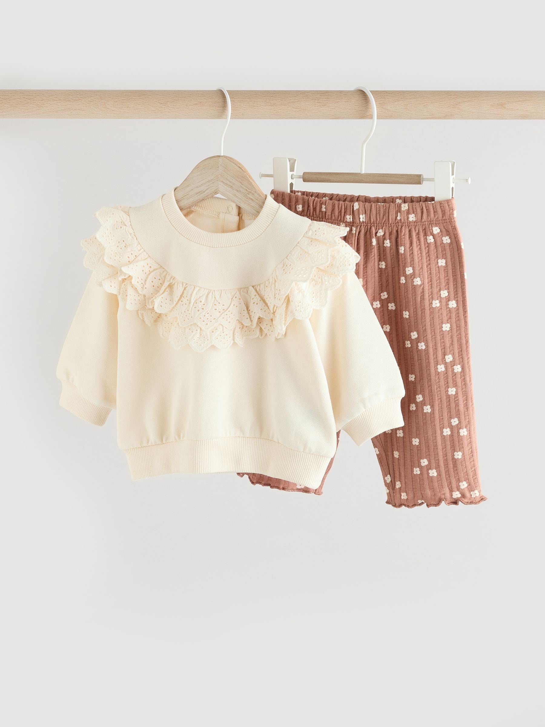 Cream/ Tan Flower Print 2 Piece Baby Sweat Top & Trouser Set