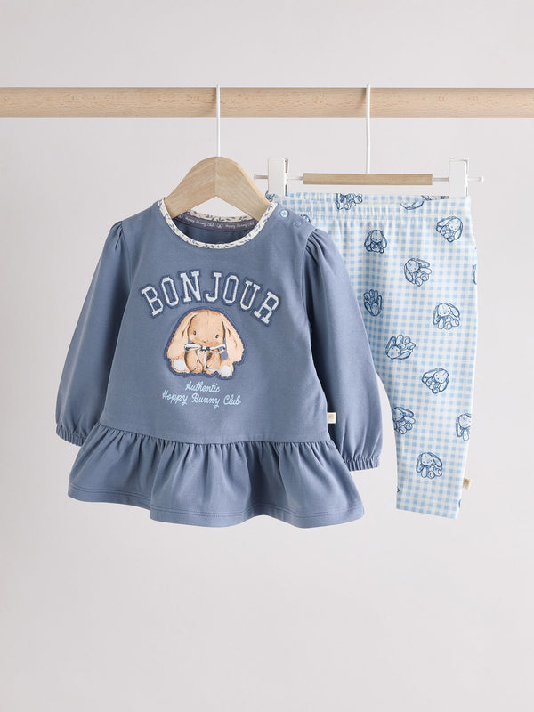 Navy Blue Gingham Bunny Baby Long Sleeve Top and Leggings Set