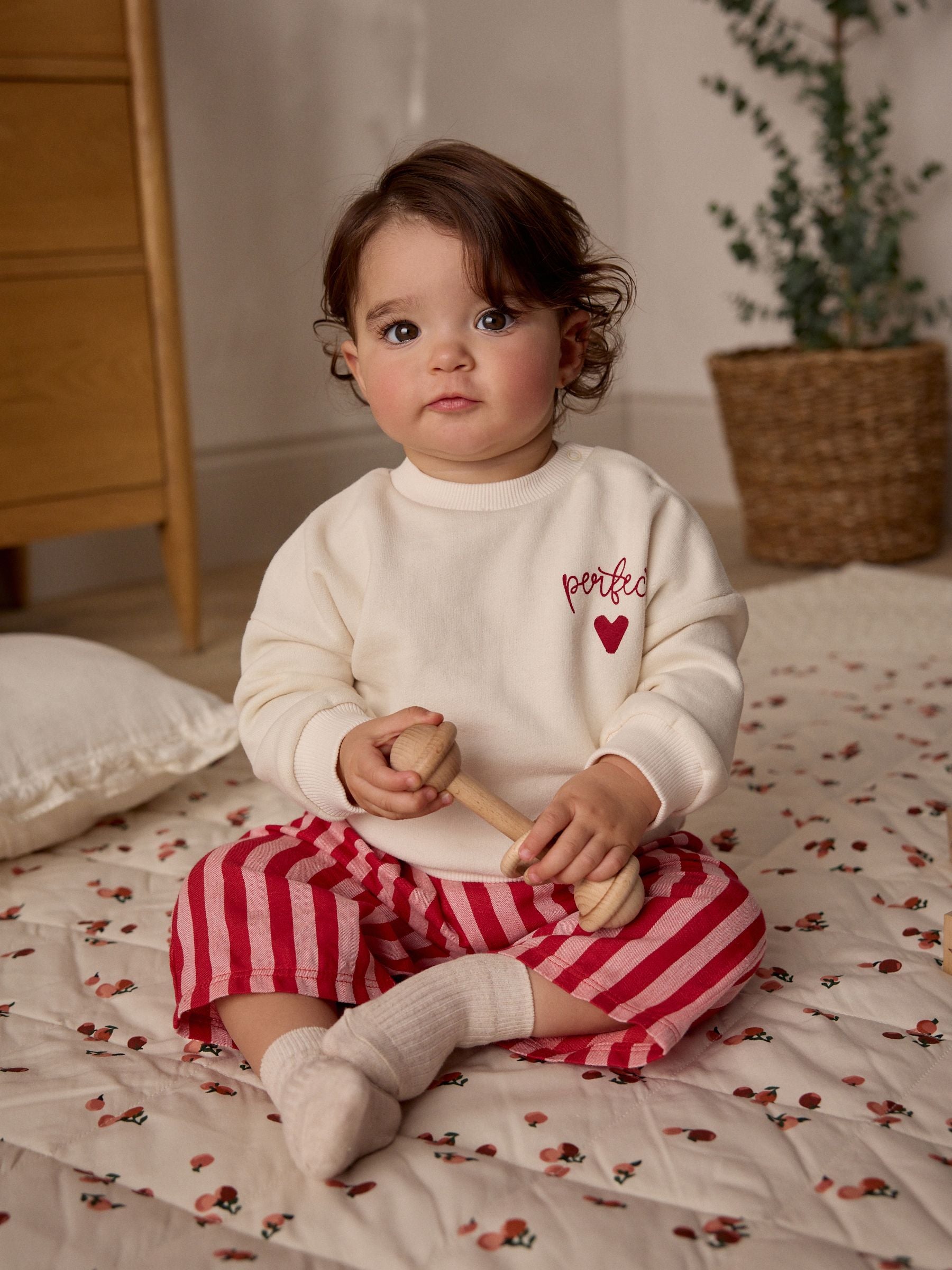 Red/White Stripe & Hearts 100% Cotton Baby Sweat Top & Trousers Set 2 Piece