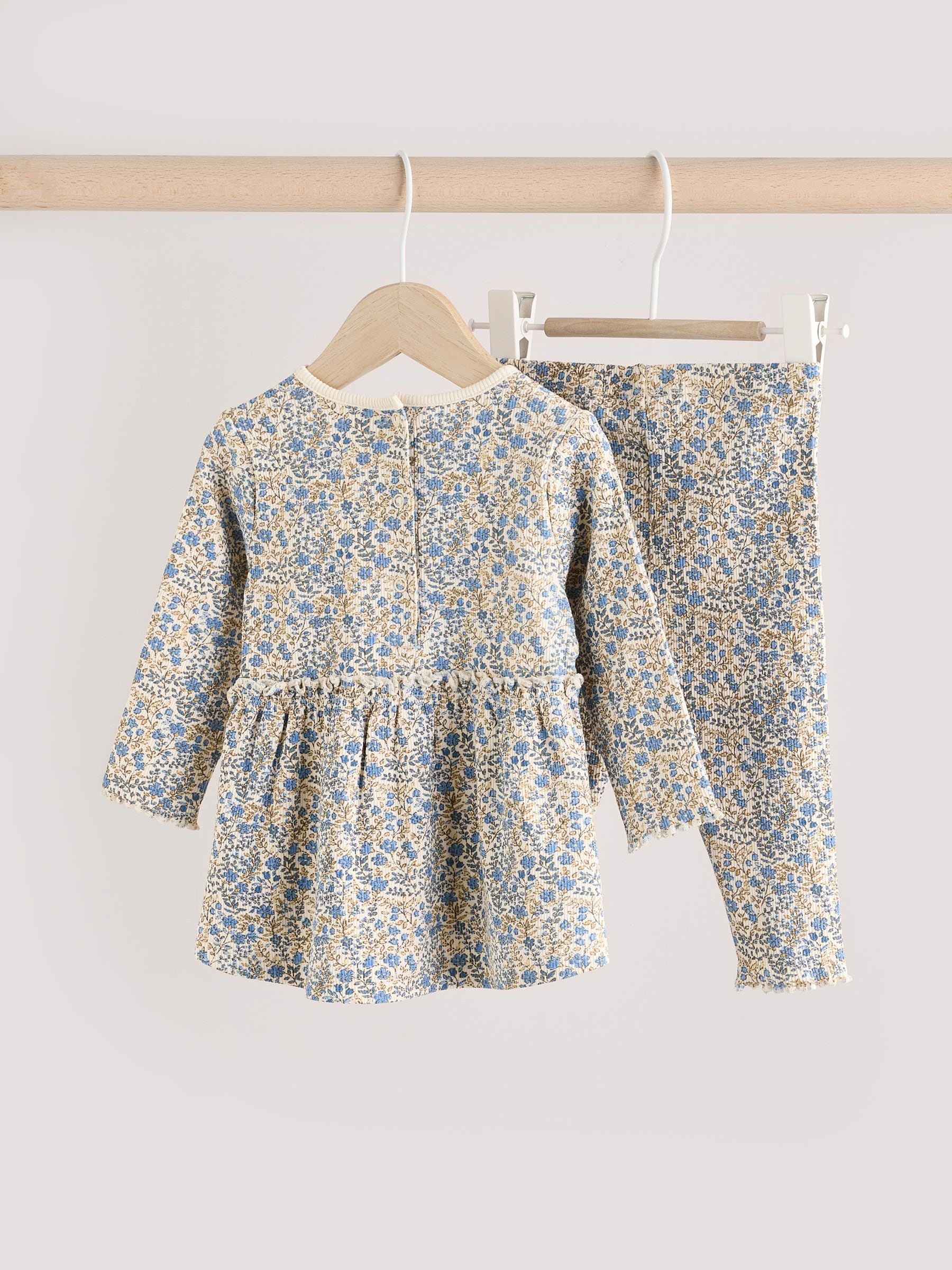 Blue Ditsy Floral Long Sleeve Peplum Top & Leggings Baby Set