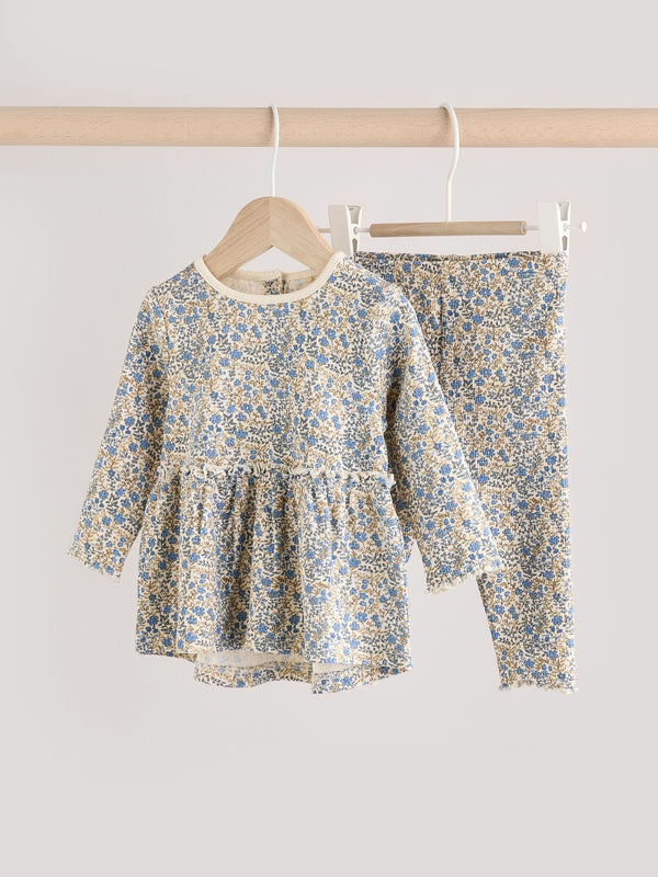 Blue Ditsy Floral Long Sleeve Peplum Top & Leggings Baby Set