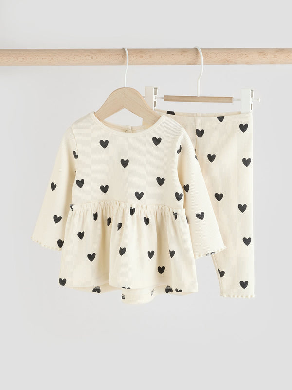 Black/ White Heart Print Long Sleeve Peplum Top & Leggings Baby Set