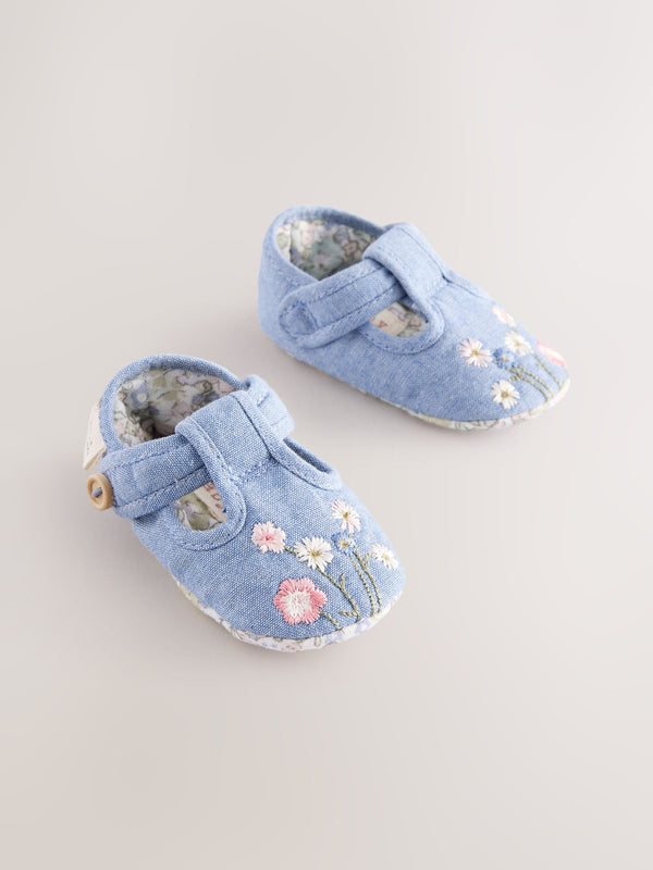 Denim Baby Embroidery T Bar Textile Shoes (0-24mths)