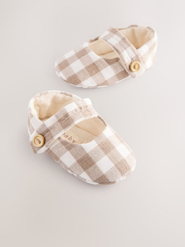 Neutral Gingham Baby Textile Mary Jane Shoes (0-18mths)