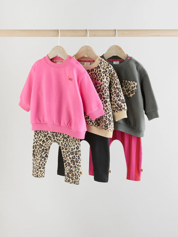 Pink/Grey/Leopard Print Printed Sweat and Leggings 6 Pack Set