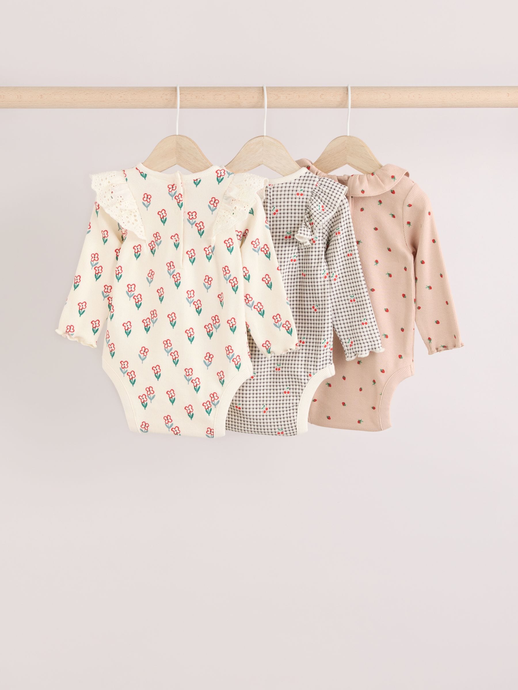 Cream/ Tan/ Grey Flower Print Baby Long Sleeve Frill Bodies 3 Pack