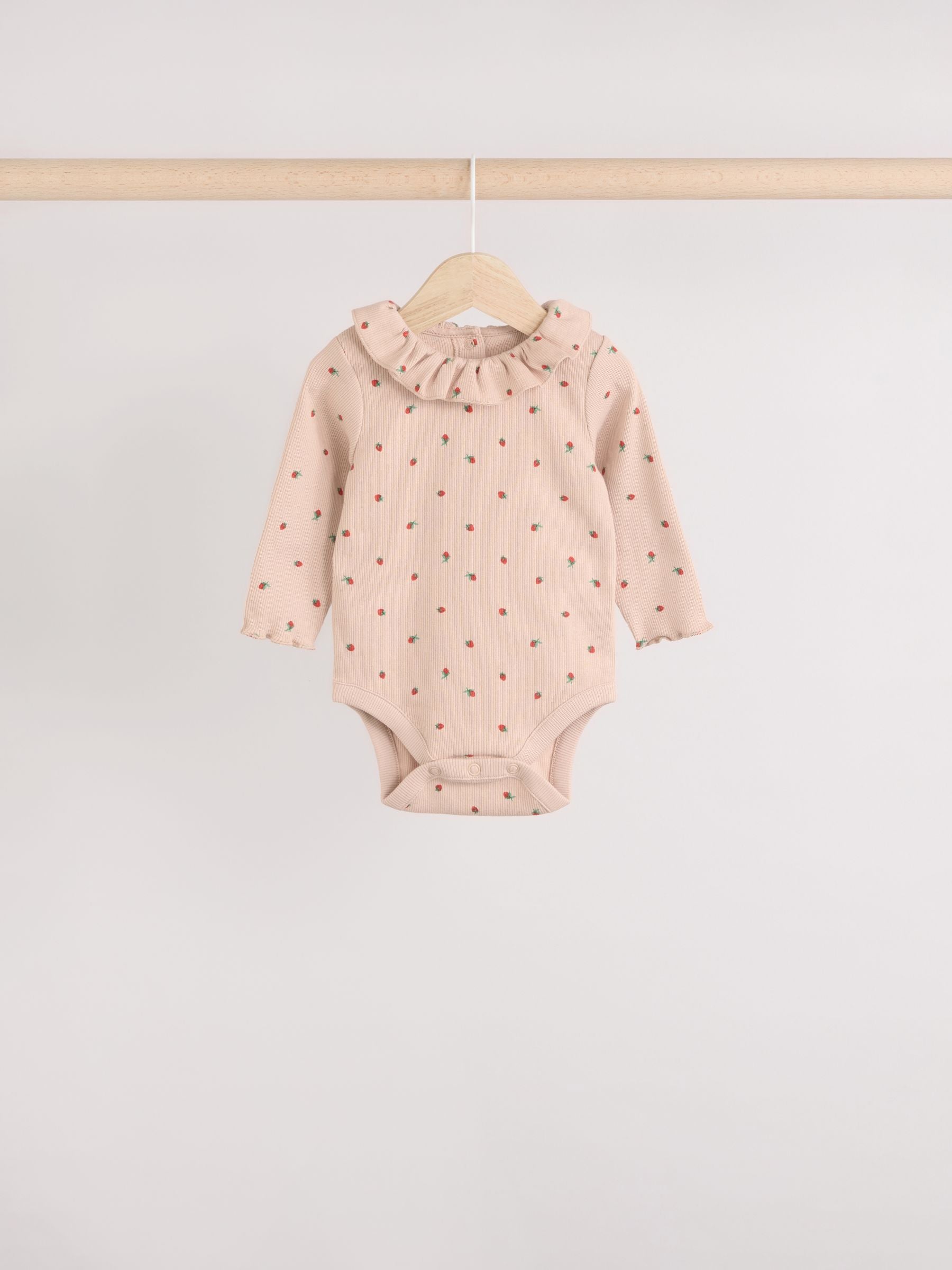 Cream/ Tan/ Grey Flower Print Baby Long Sleeve Frill Bodies 3 Pack