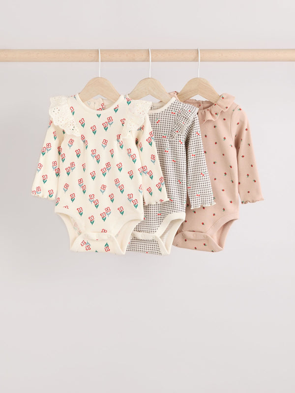 Cream/ Tan/ Grey Flower Print Baby Long Sleeve Frill Bodies 3 Pack