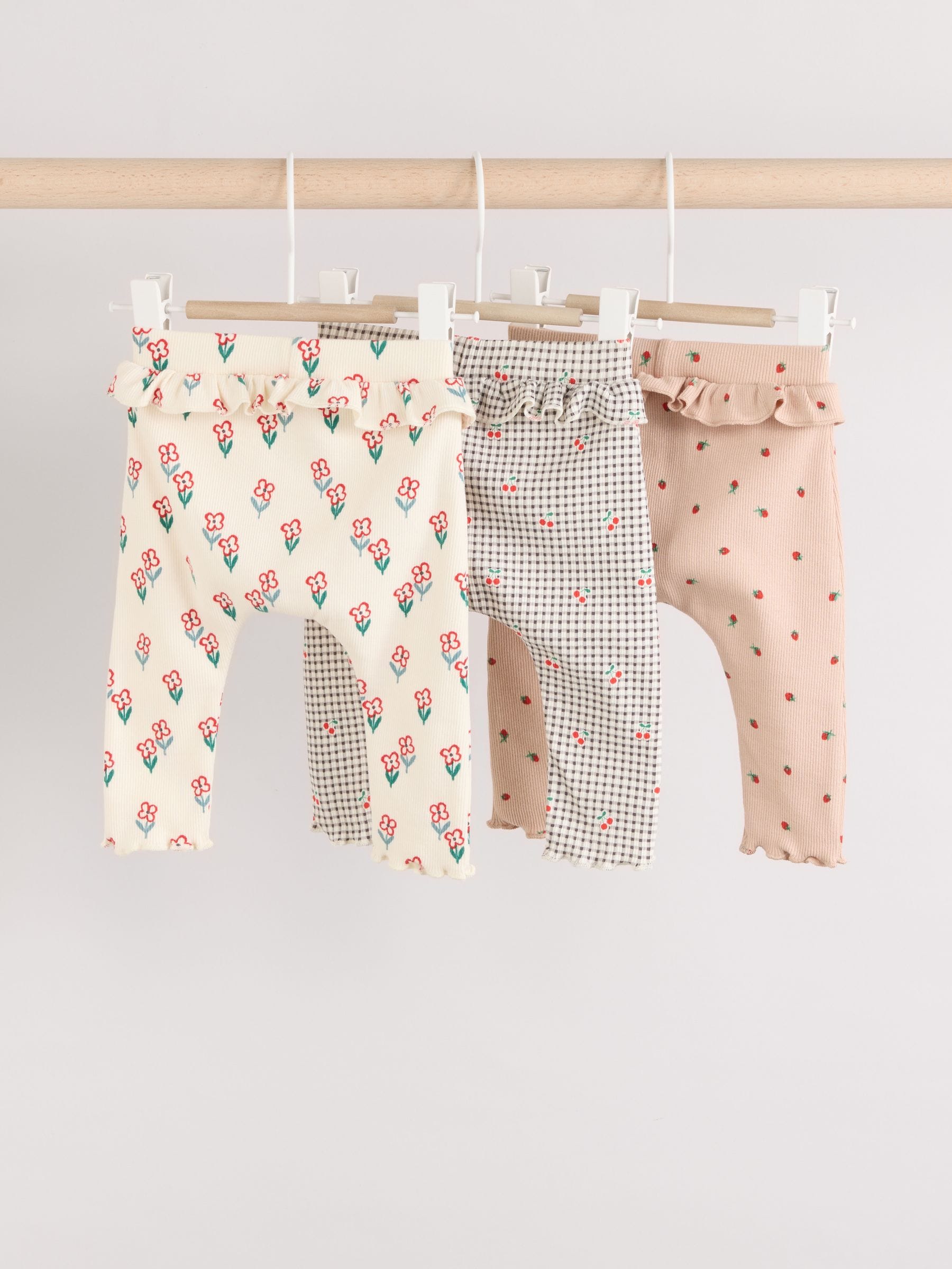 Cream/ Tan/ Grey Flower Print Baby Frill Leggings 3 Pack