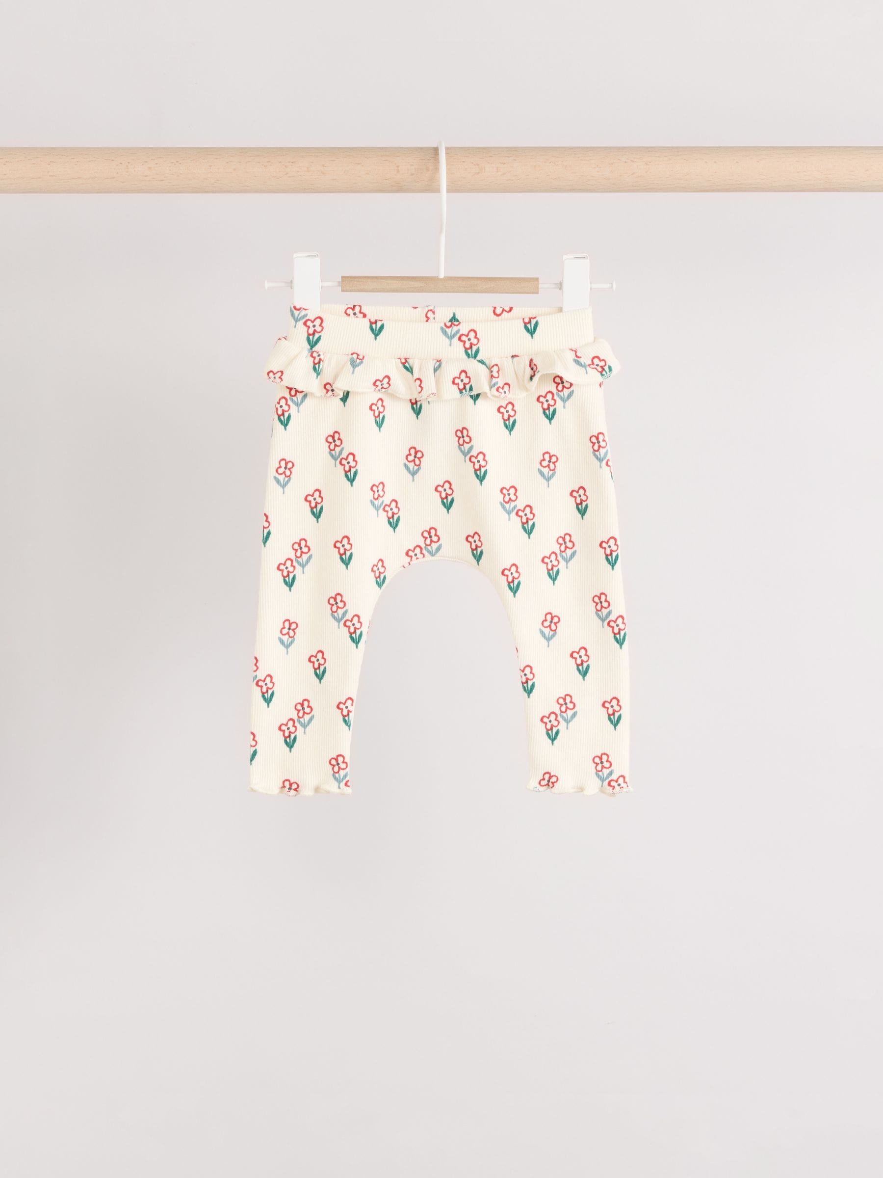 Cream/ Tan/ Grey Flower Print Baby Frill Leggings 3 Pack