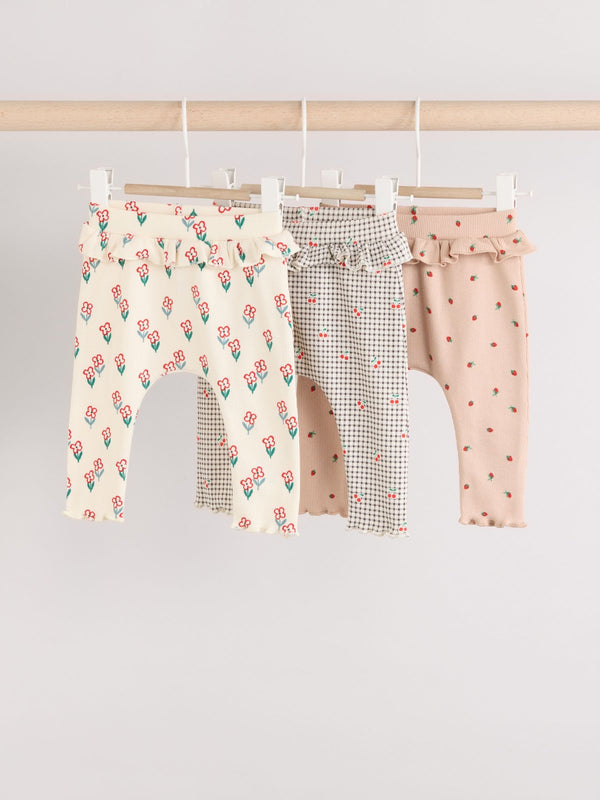 Cream/ Tan/ Grey Flower Print Baby Frill Leggings 3 Pack