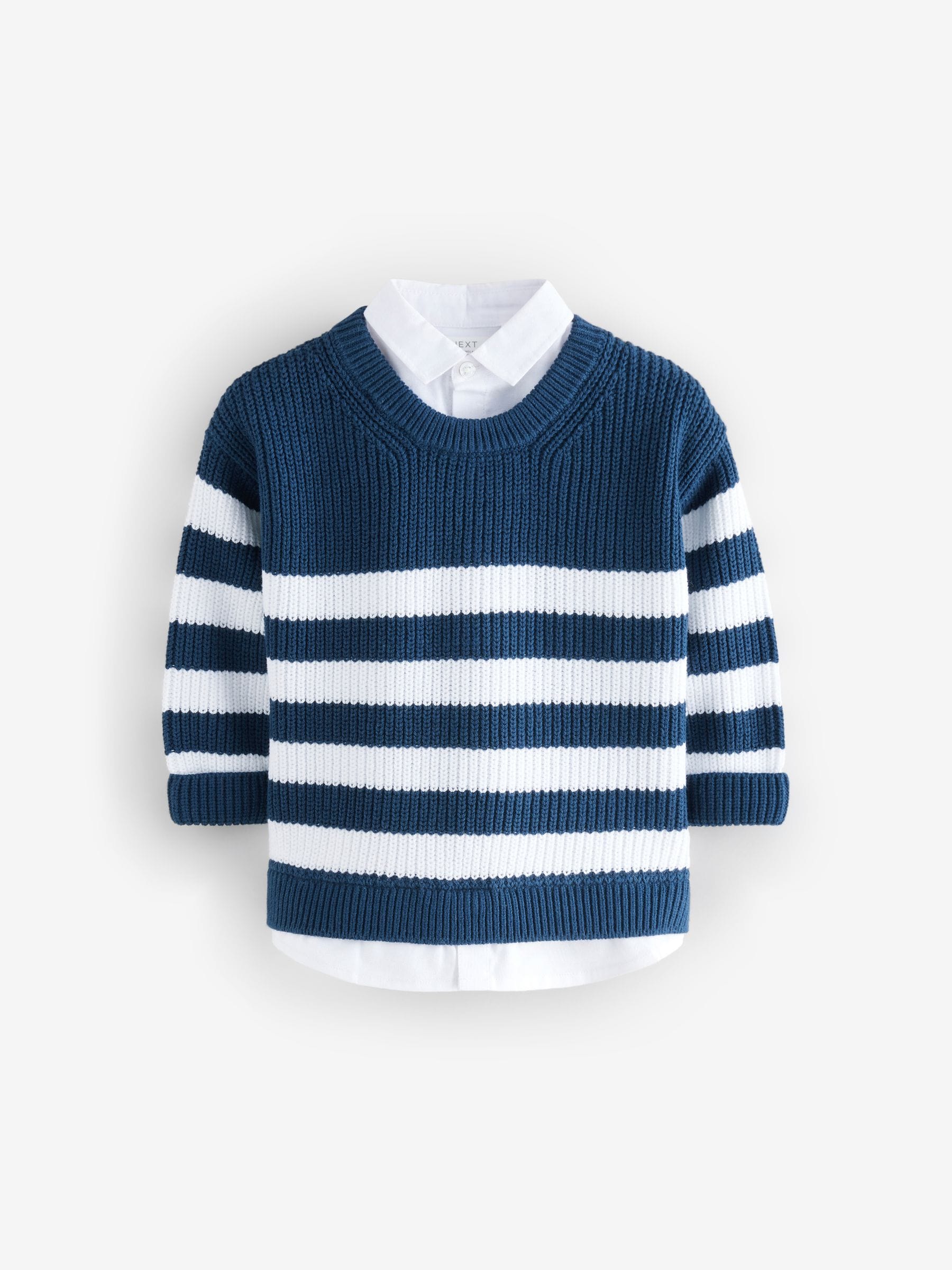 Navy Stripe 100% Cotton Knitted Mock Shirt Jumper (3mths-7yrs)