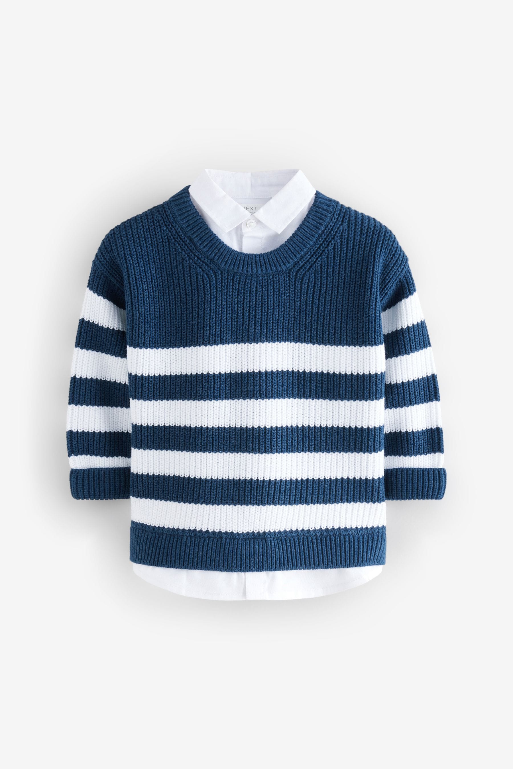 Navy Stripe Knitted Mock Shirt Jumper (3mths-7yrs)