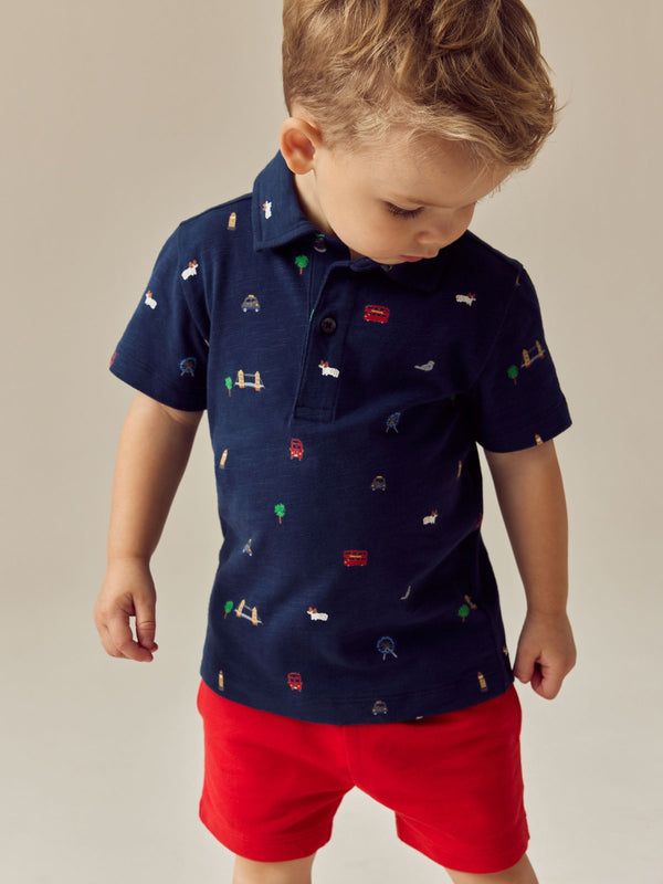 Navy London All Over Print 100% Cotton Short Sleeve Polo Shirt And Shorts Set (3mths-7yrs)