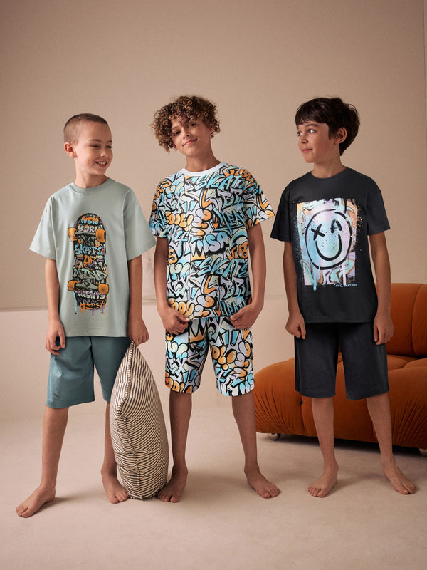 Black/Grey/Orange Graffiti 100% Cotton Short Pyjamas 3 Pack (3-16yrs)