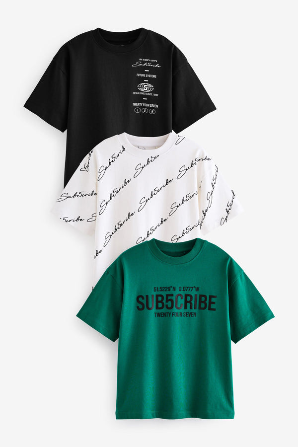 Black/White/Green Sub5cribe Relaxed Fit Graphic 100% Cotton Short Sleeve T-Shirts 3 Pack (3-16yrs)