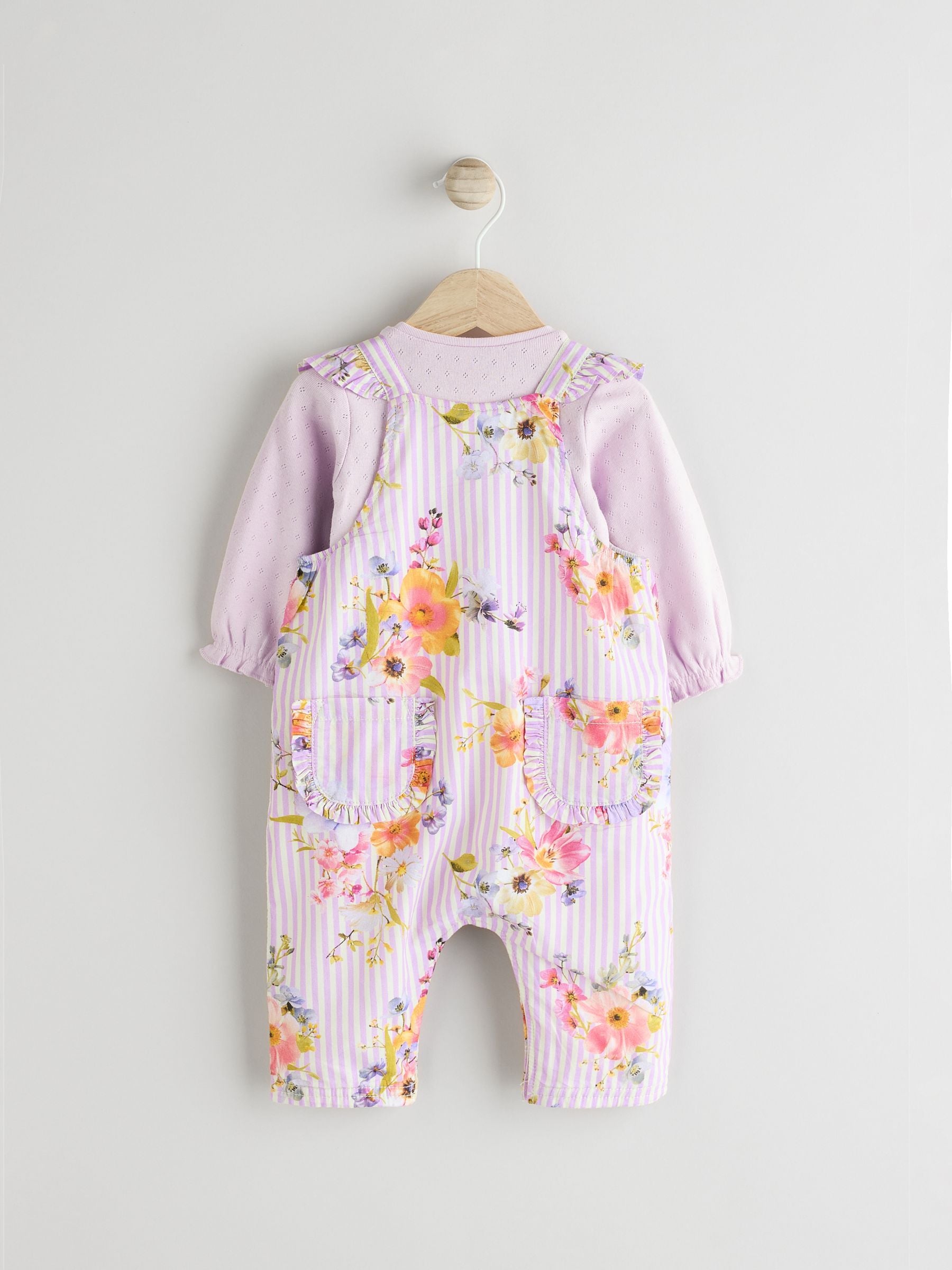 Purple Floral Stripe Long Sleeve Bodysuit & Baby Dungaree Set (0mths-3yrs)