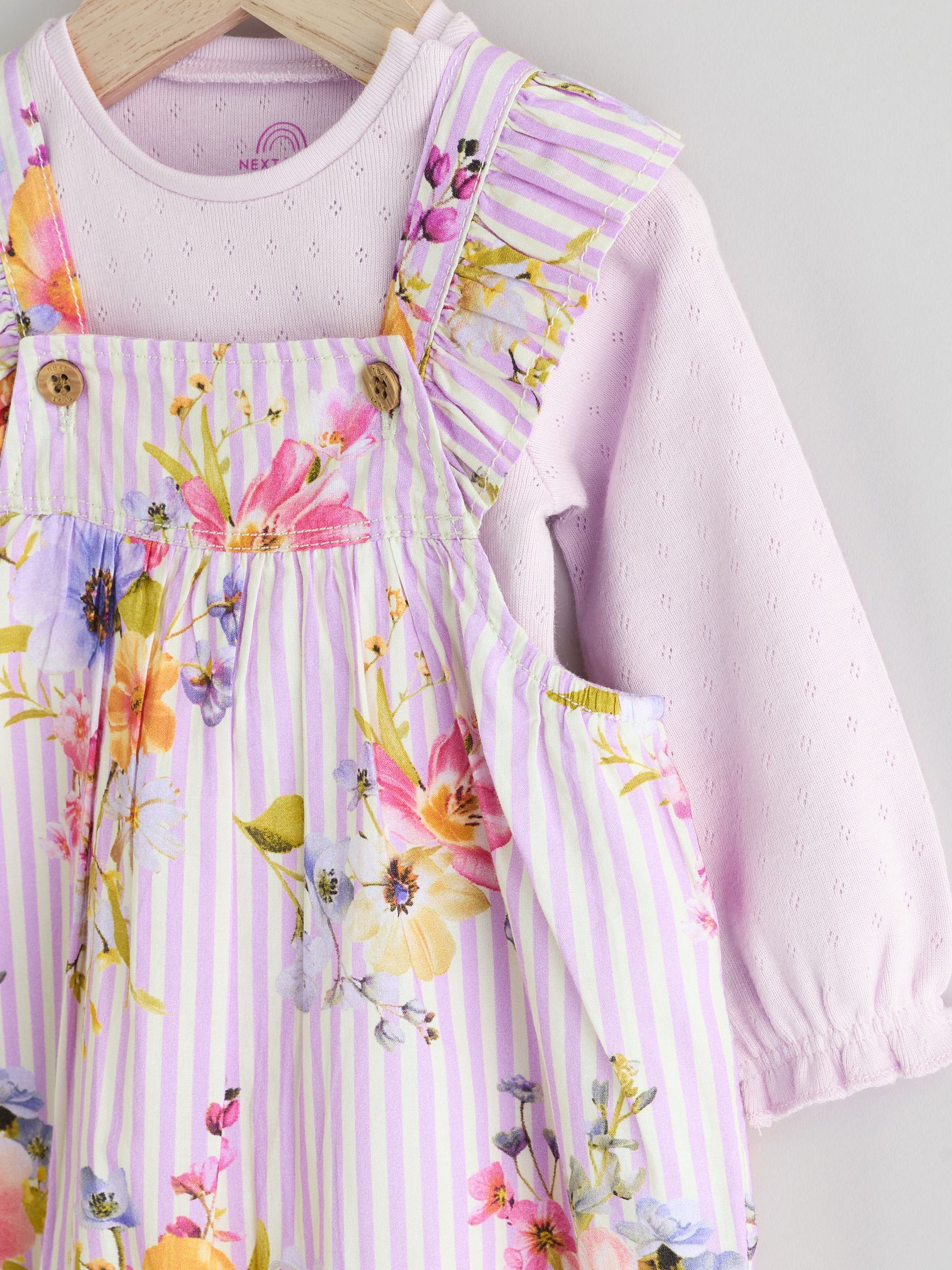 Purple Floral Stripe Long Sleeve Bodysuit & Baby Dungaree Set (0mths-3yrs)