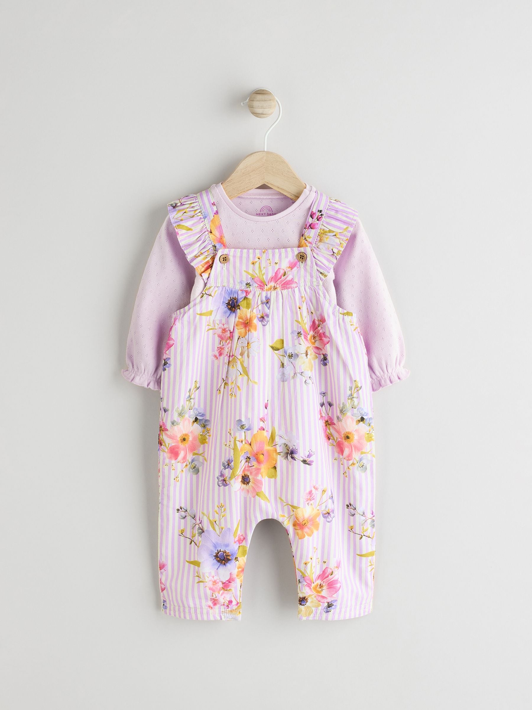 Purple Floral Stripe Long Sleeve Bodysuit & Baby Dungaree Set (0mths-3yrs)