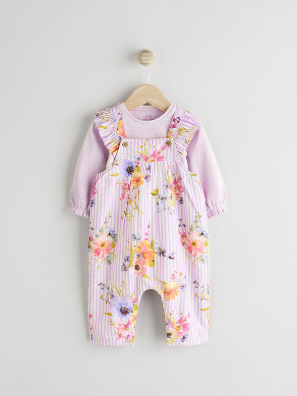 Purple Floral Stripe Long Sleeve Bodysuit & Baby Dungaree Set (0mths-3yrs)