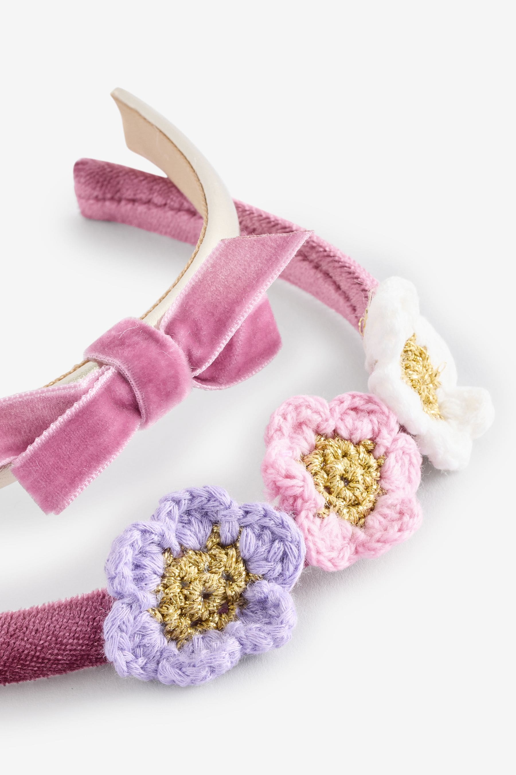 Light Pink Crochet Flower & Metallic Bow Aliceband 2 Pack