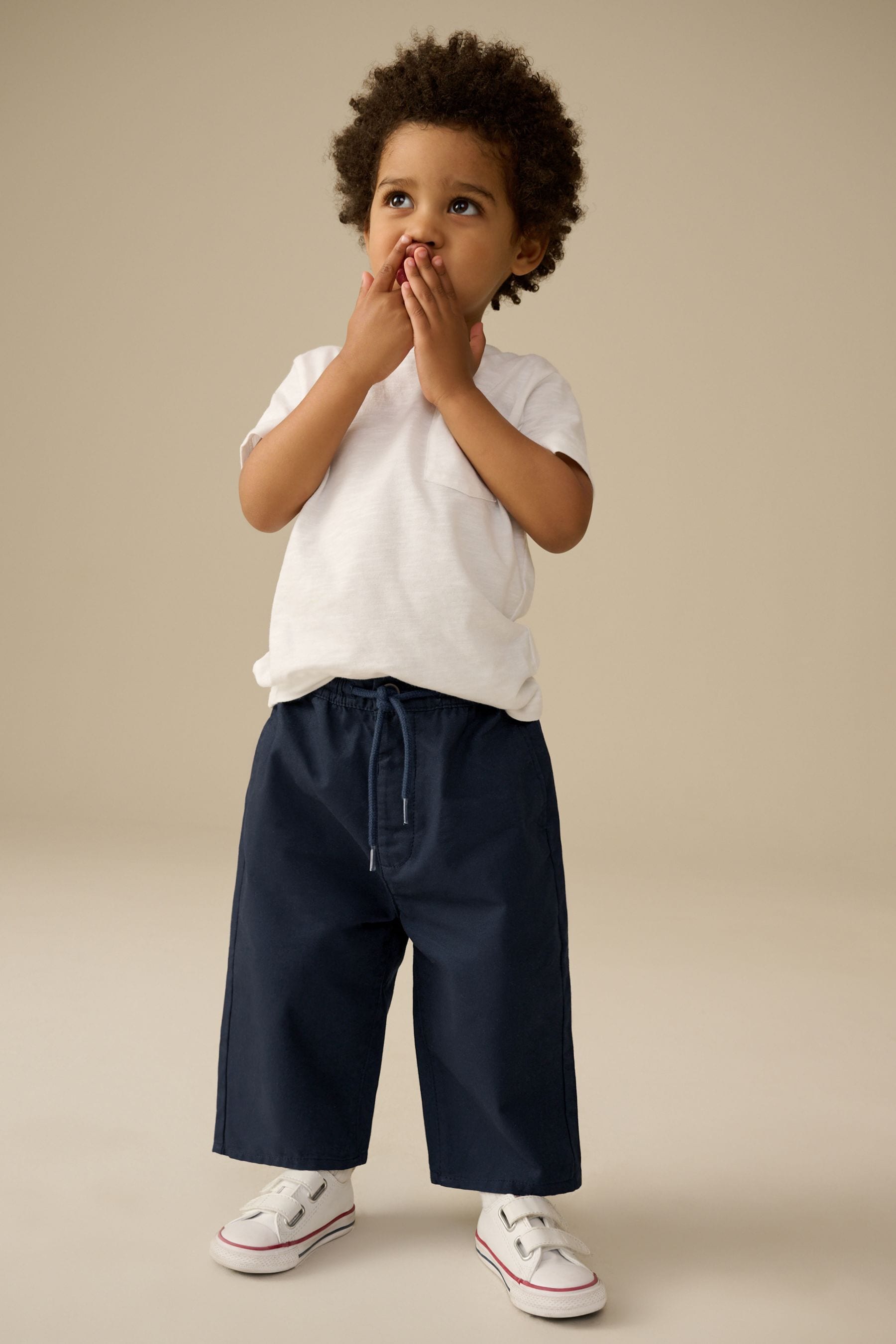 Navy Wide Leg 100% Cotton Chino Trousers with Elasticated Waist (3mths-7yrs)