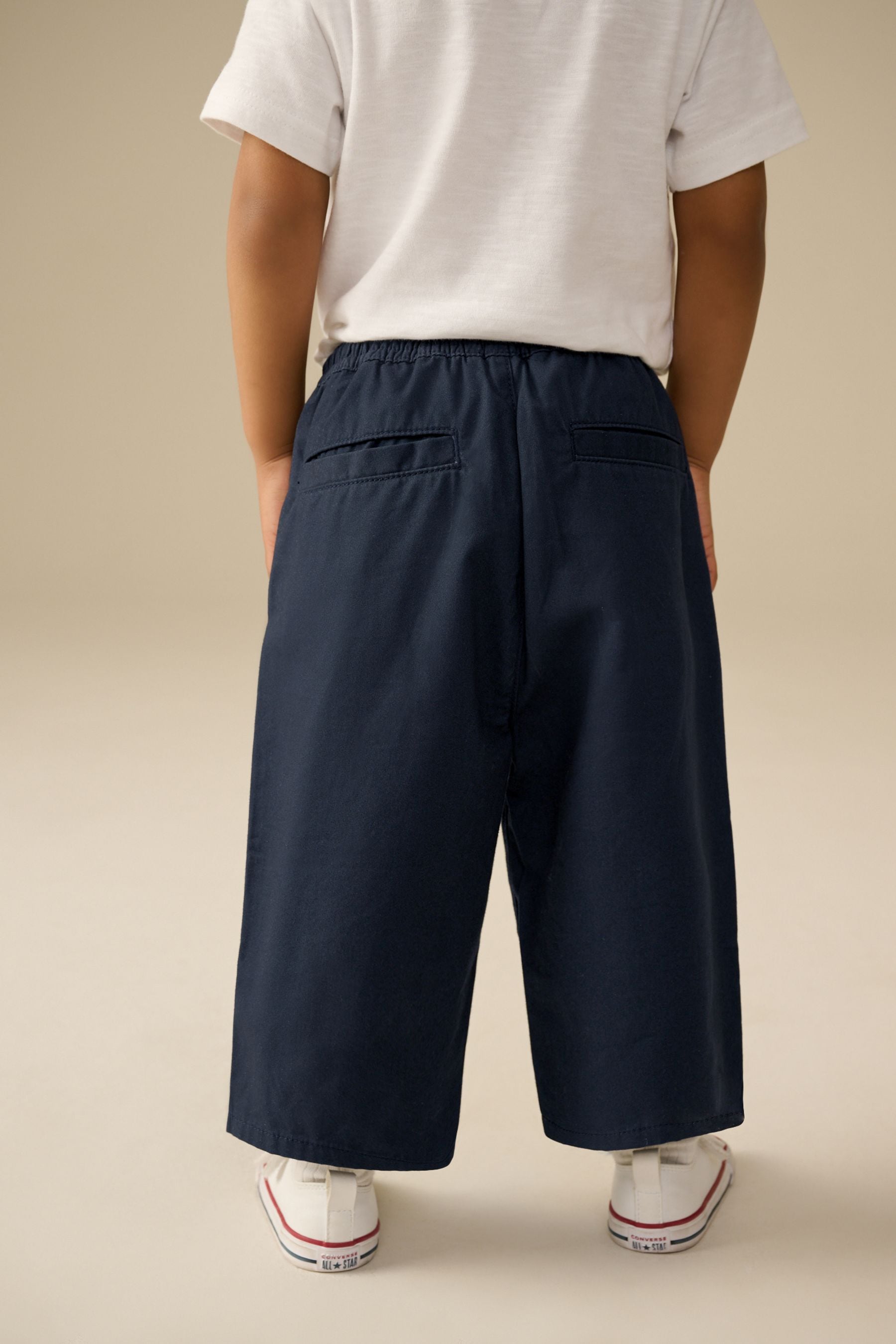 Navy Wide Leg 100% Cotton Chino Trousers with Elasticated Waist (3mths-7yrs)