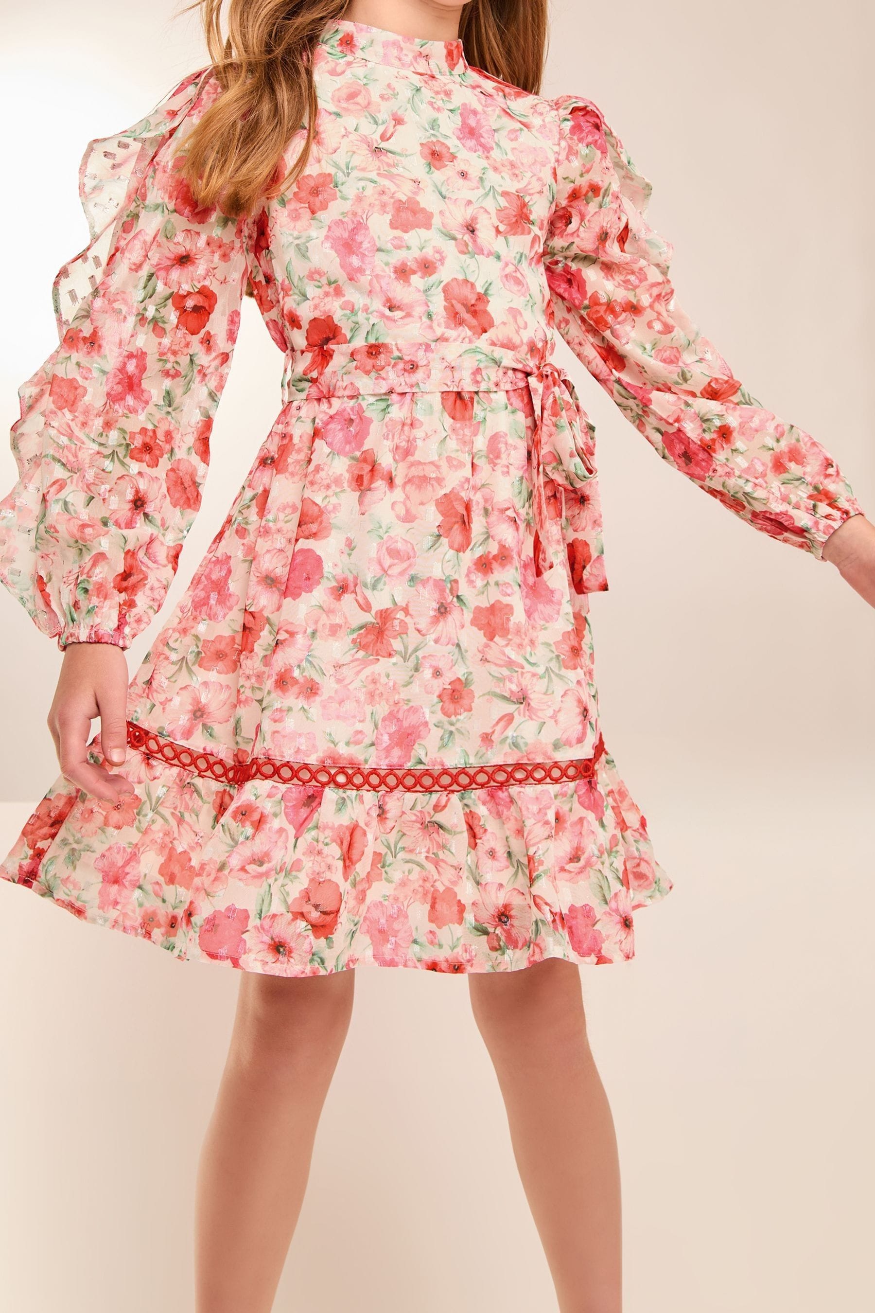 Lipsy Pink Floral Ruffle Sleeve Chiffon Sparkle Dress (5-16yrs)