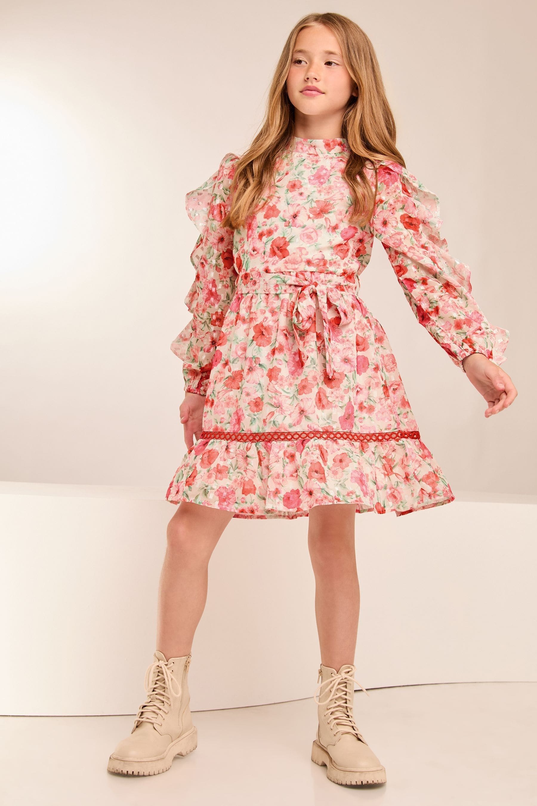 Lipsy Pink Floral Ruffle Sleeve Chiffon Sparkle Dress (5-16yrs)