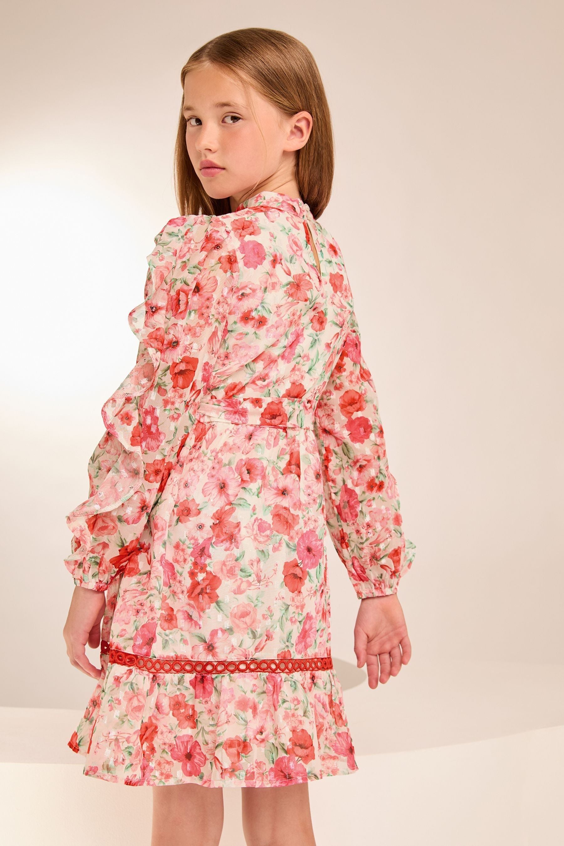 Lipsy Pink Floral Ruffle Sleeve Chiffon Sparkle Dress (5-16yrs)