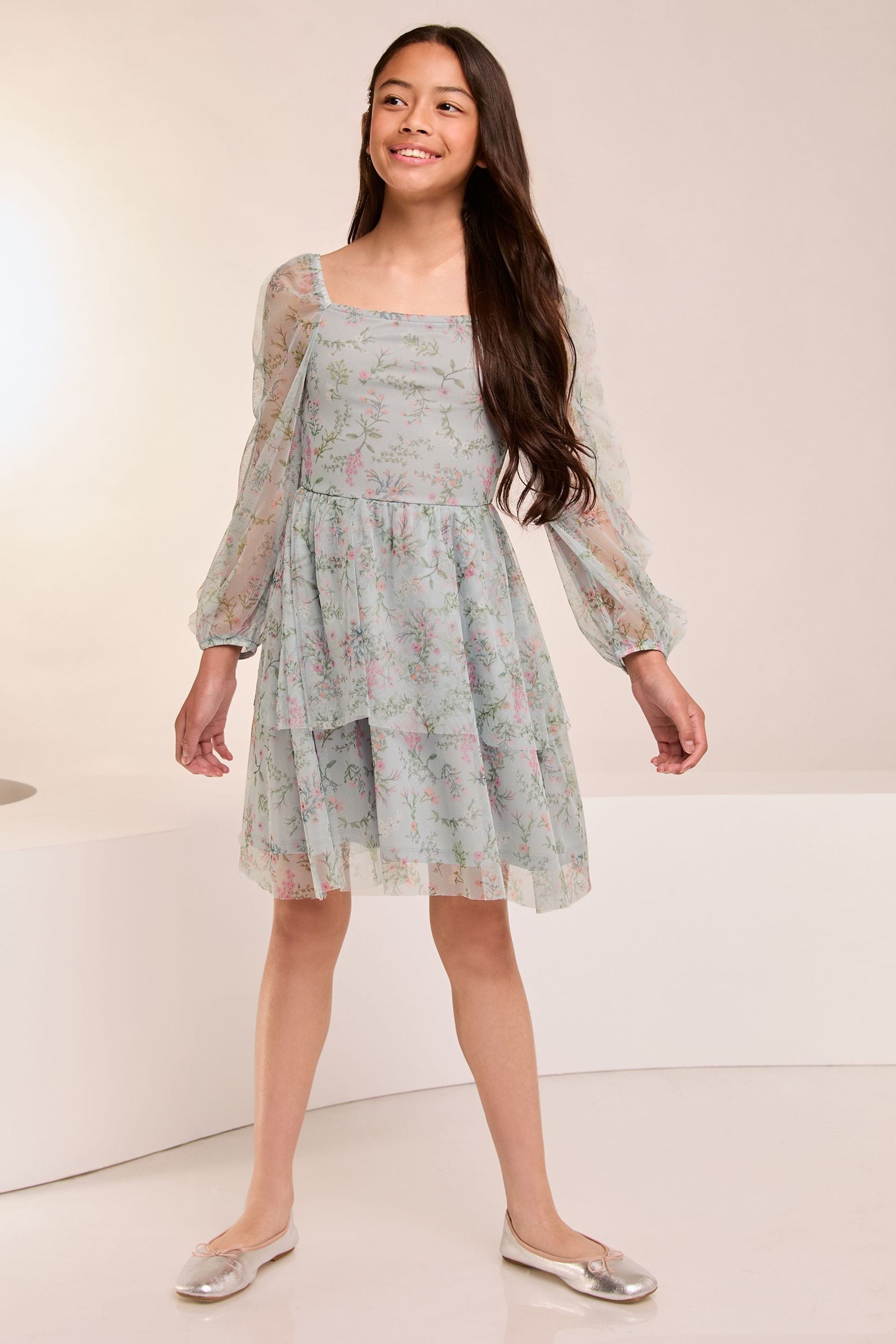 Lipsy Blue Floral Printed Mesh Tiered Dress (5-16yrs)