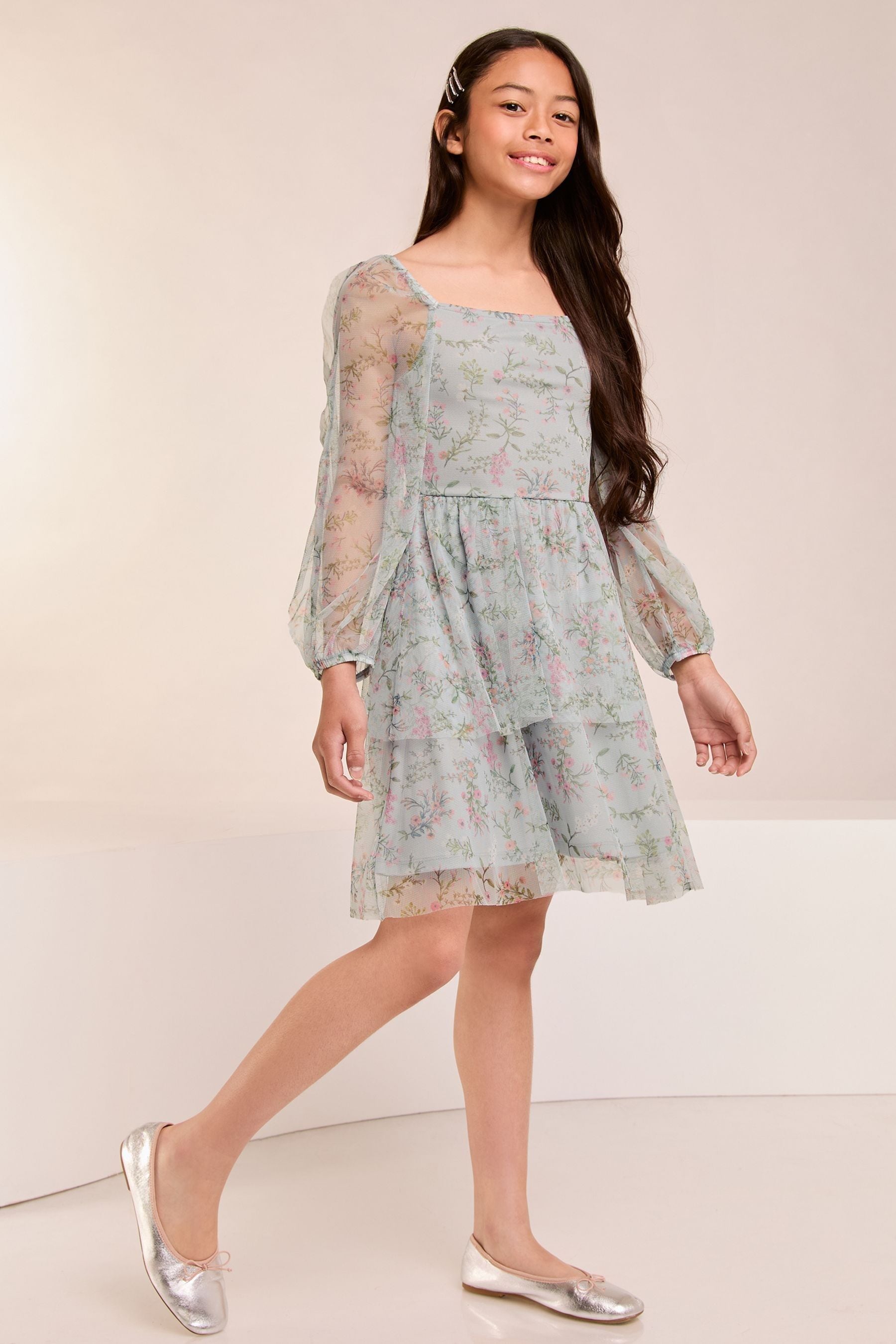 Lipsy Blue Floral Printed Mesh Tiered Dress (5-16yrs)