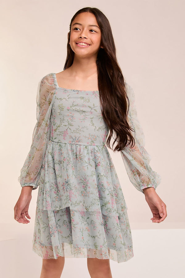 Blue Floral Printed Mesh Tiered Dress (5-16yrs)