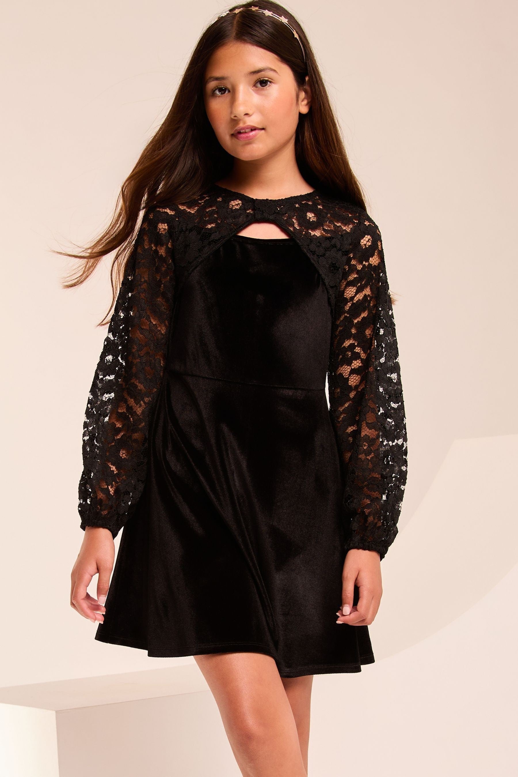 Lipsy Black Lace Sleeve Velvet Dress (5-16yrs)