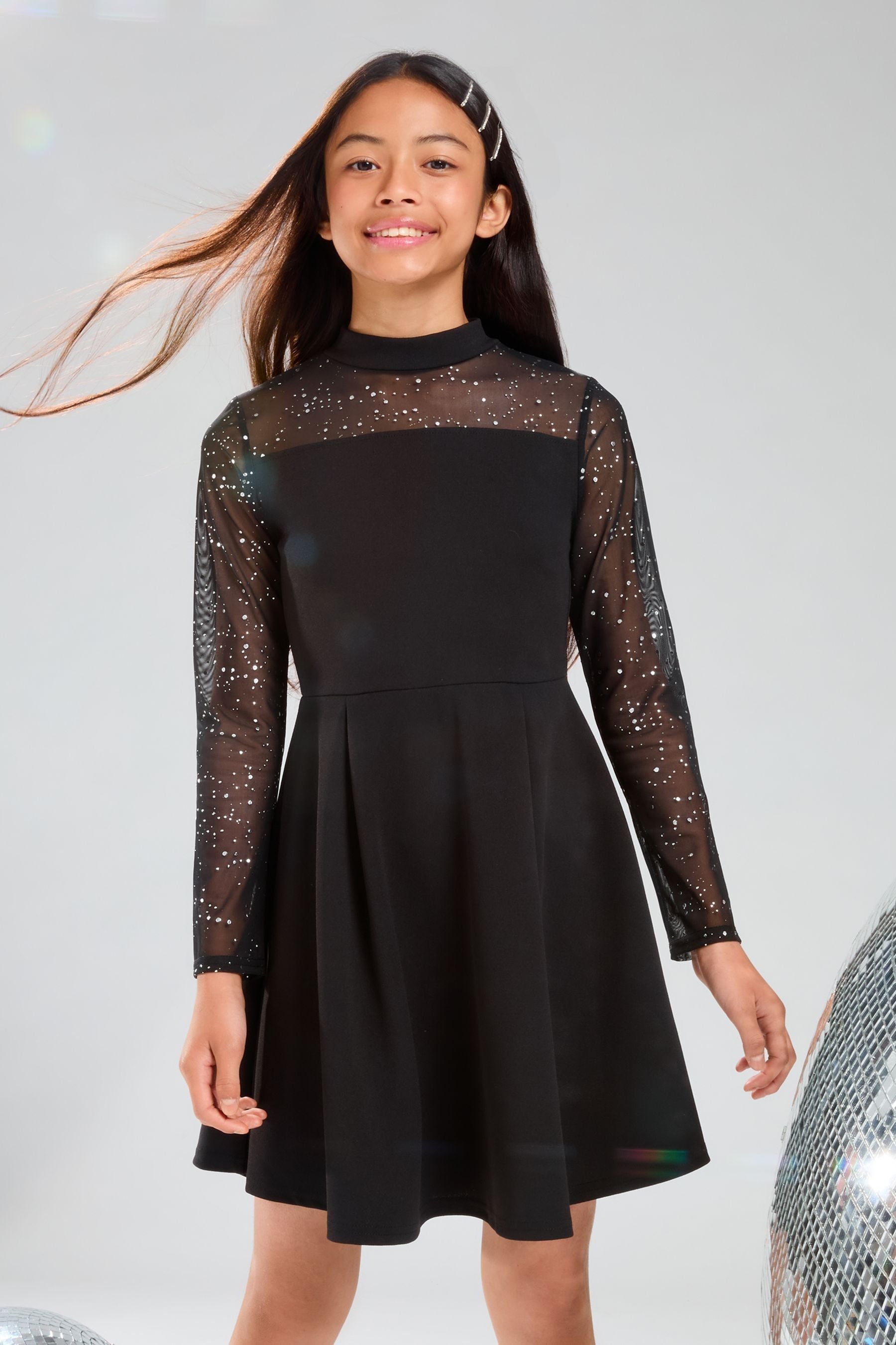 Lipsy Black Glitter Mesh Skater Dress (5-16yrs)