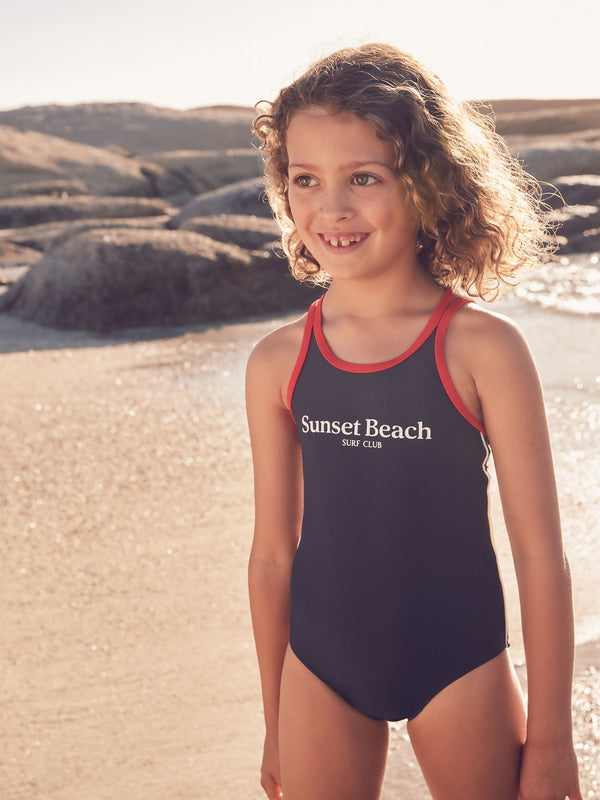 Navy Slogan Double Strap Swimsuit (3-16yrs)