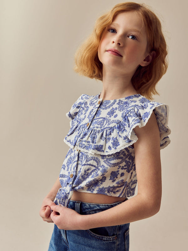 Blue Floral 100% Cotton Tie Front Blouse (3-16yrs)