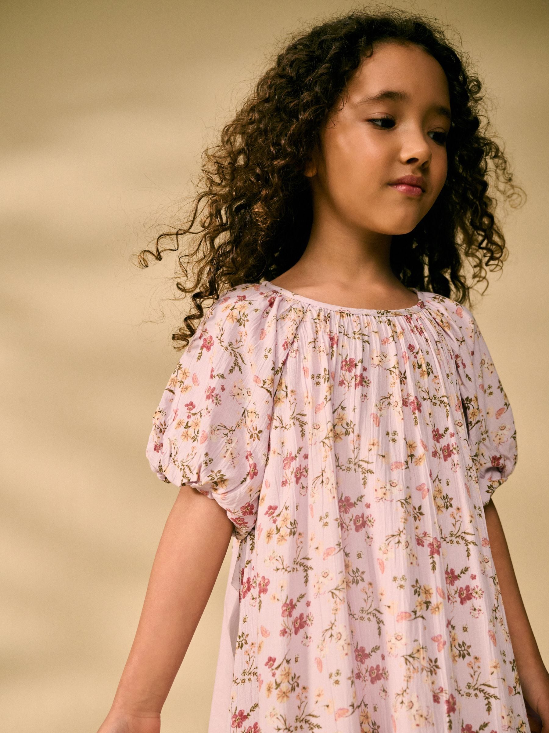 Lilac Purple Floral Puff Sleeve Dress (3-16yrs)